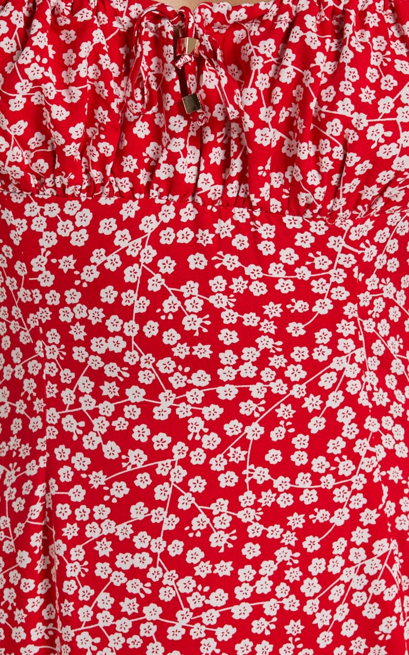 Willa Midi Dress - Ruched Bust Thigh Split Dress in Red Floral Product Image