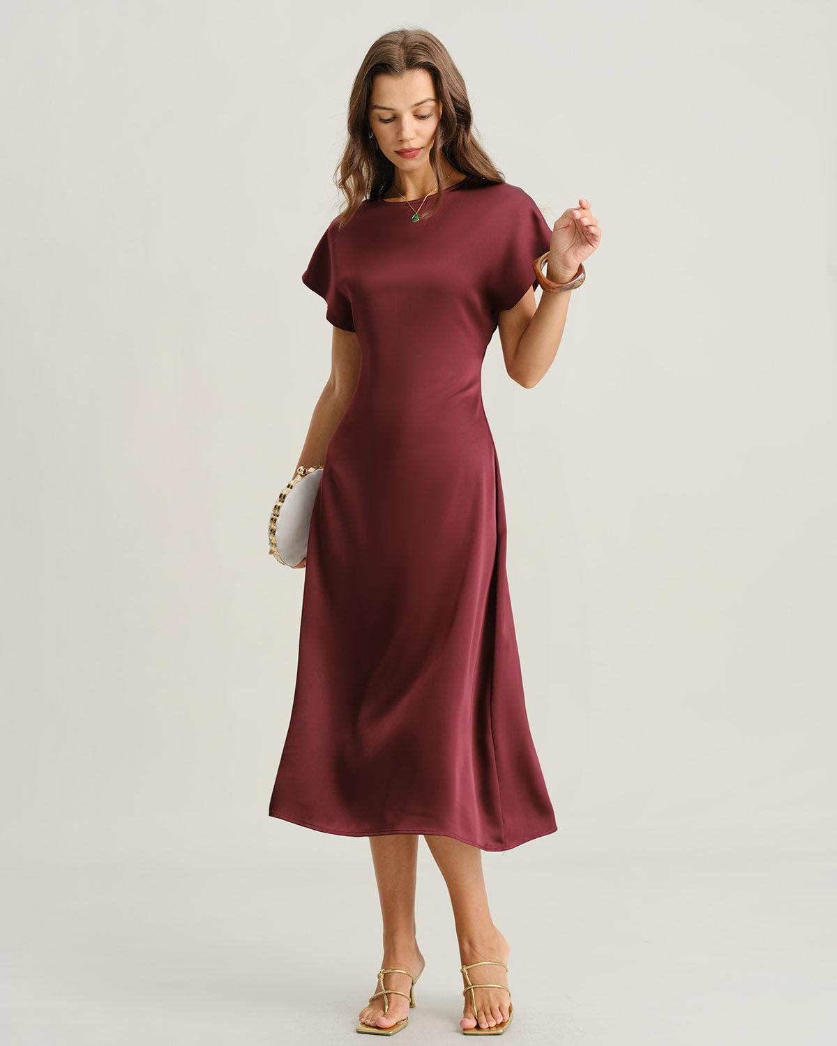 Red Satin Cowl Sleeve A-Line Midi Dress Product Image