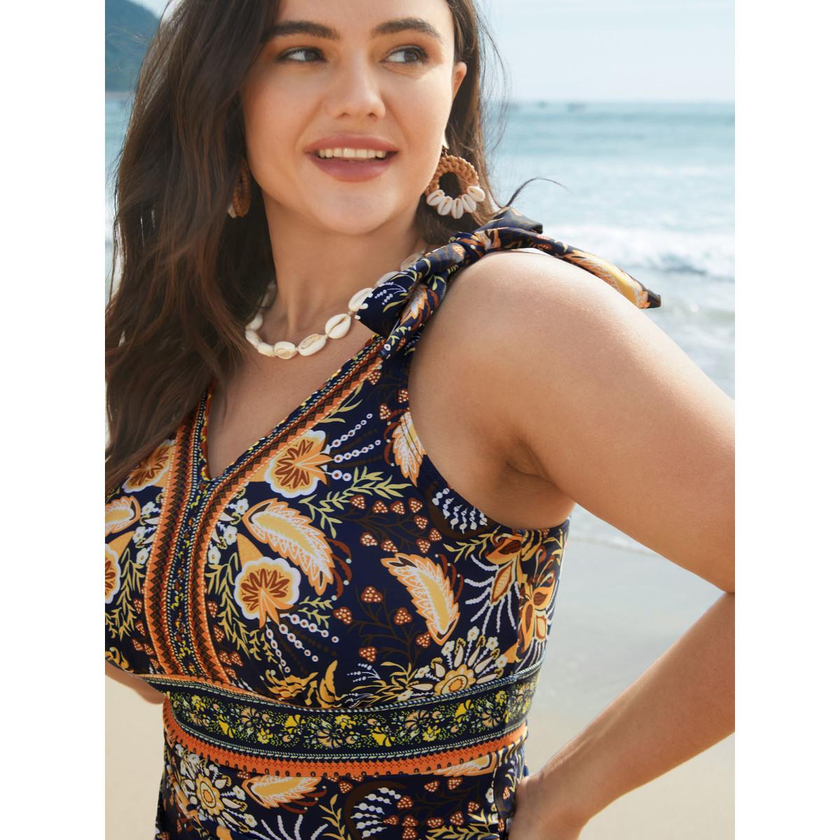 Plus Size Boho Print Adjustable Tie One-Piece Swimsuit Women's Swimwear Indigo Resort Gathered Curve Bathing Suits High stretch One Pieces BloomChic 26/4X Product Image