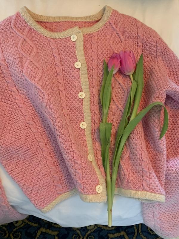 Contrast Color Trim Argyle Cable Knit Cardigan Product Image