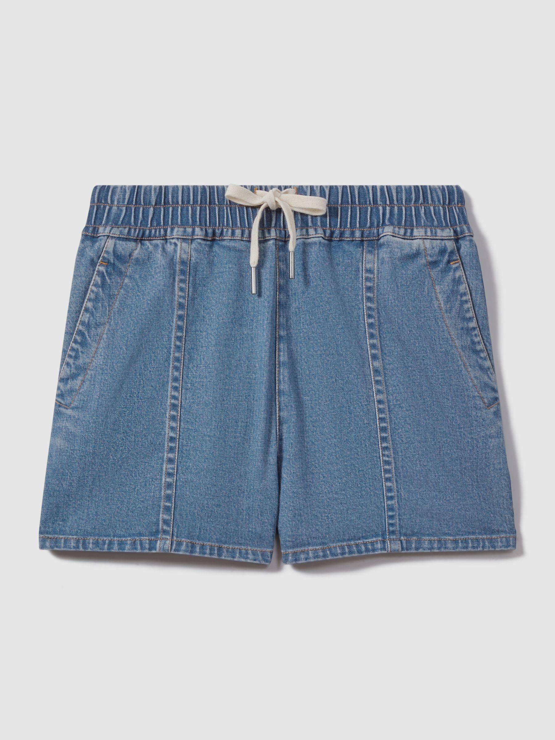 Lyocell Blend Denim Drawstring Shorts in Mid Blue Product Image