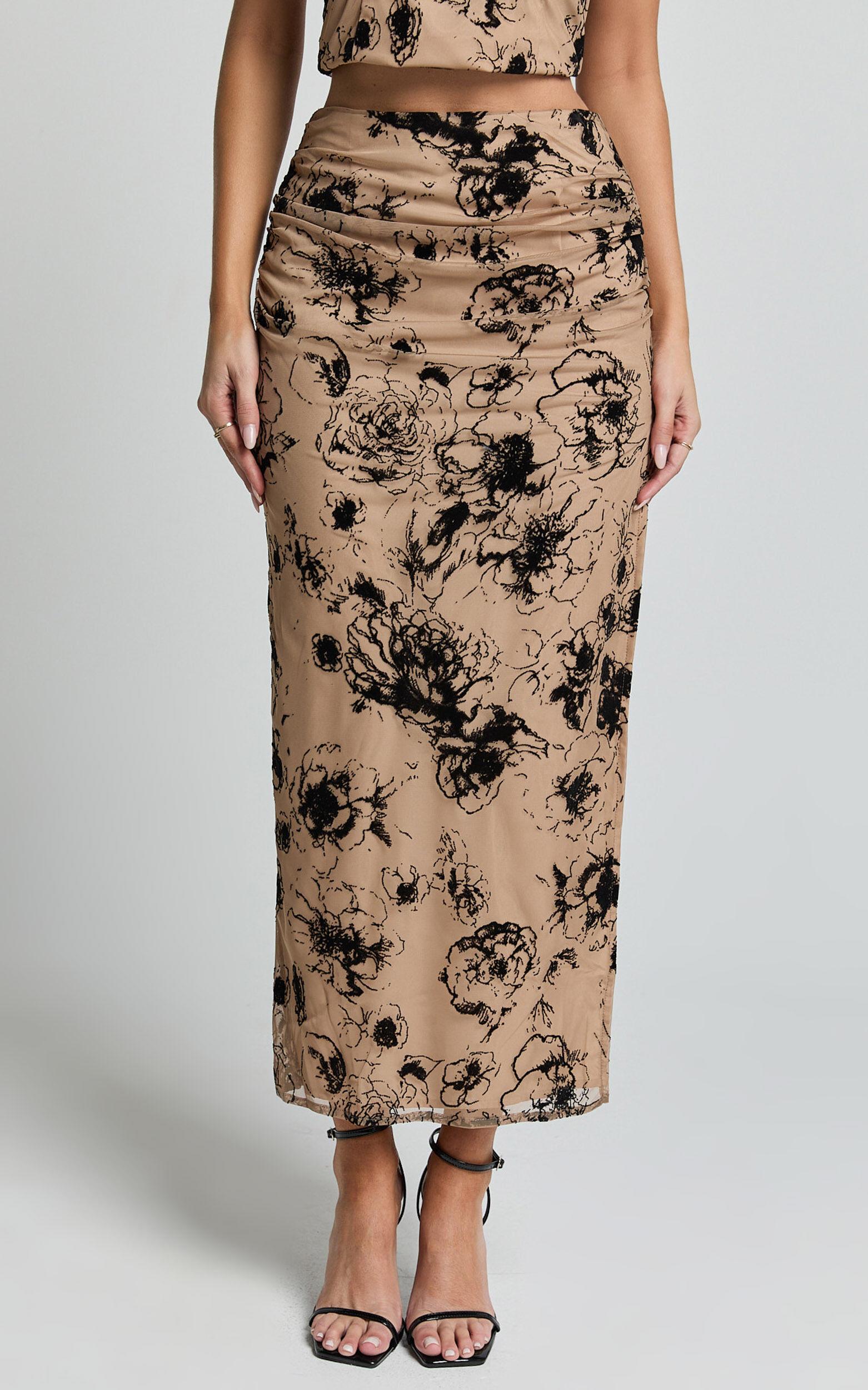 Athena Midi Skirt - Floral Mesh High Waist Skirt in Brown and Black Burnout Product Image