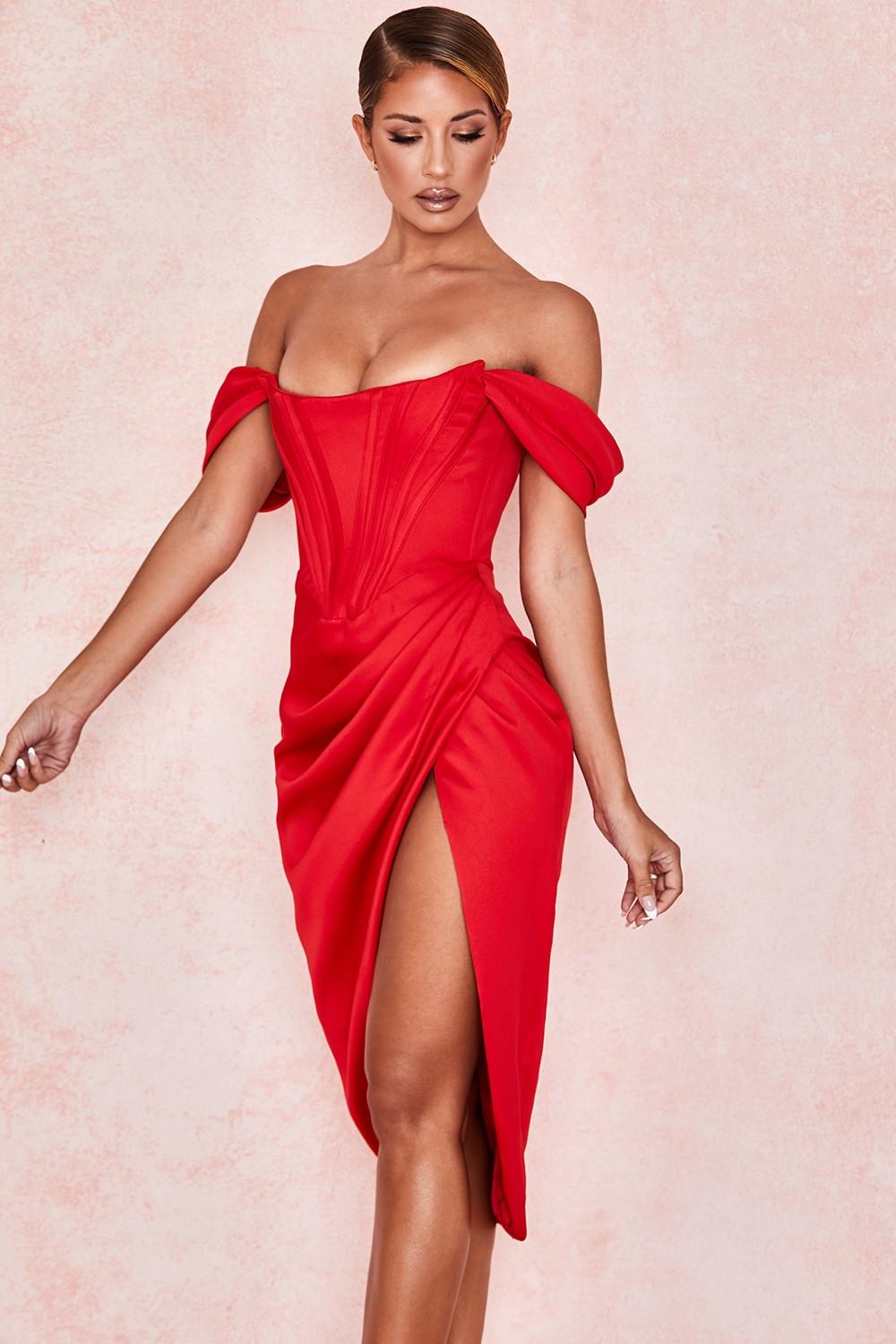 Loretta  red satin off shoulder dress Product Image