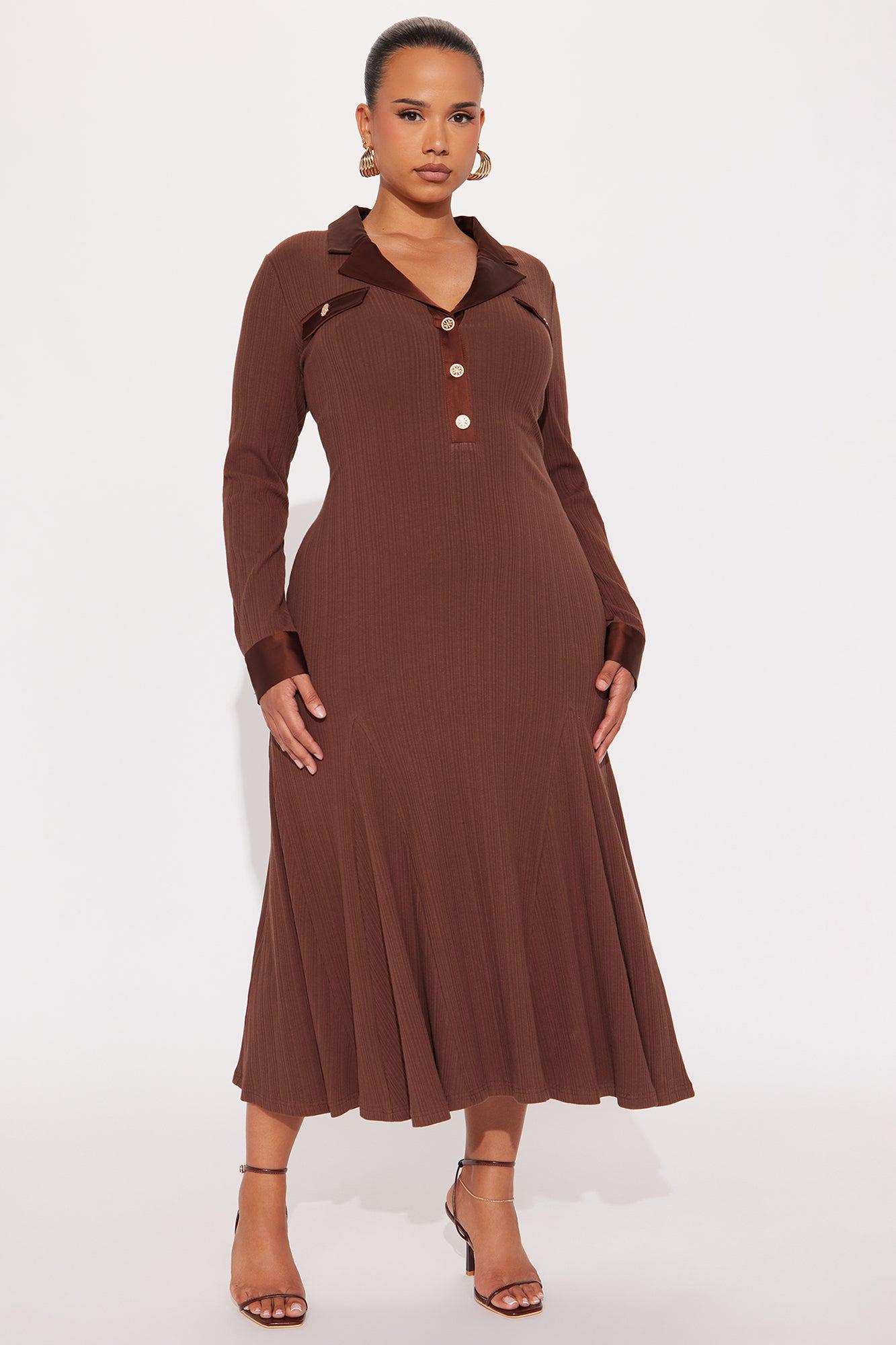 Marisol Ribbed Midi Dress - Brown Female Product Image