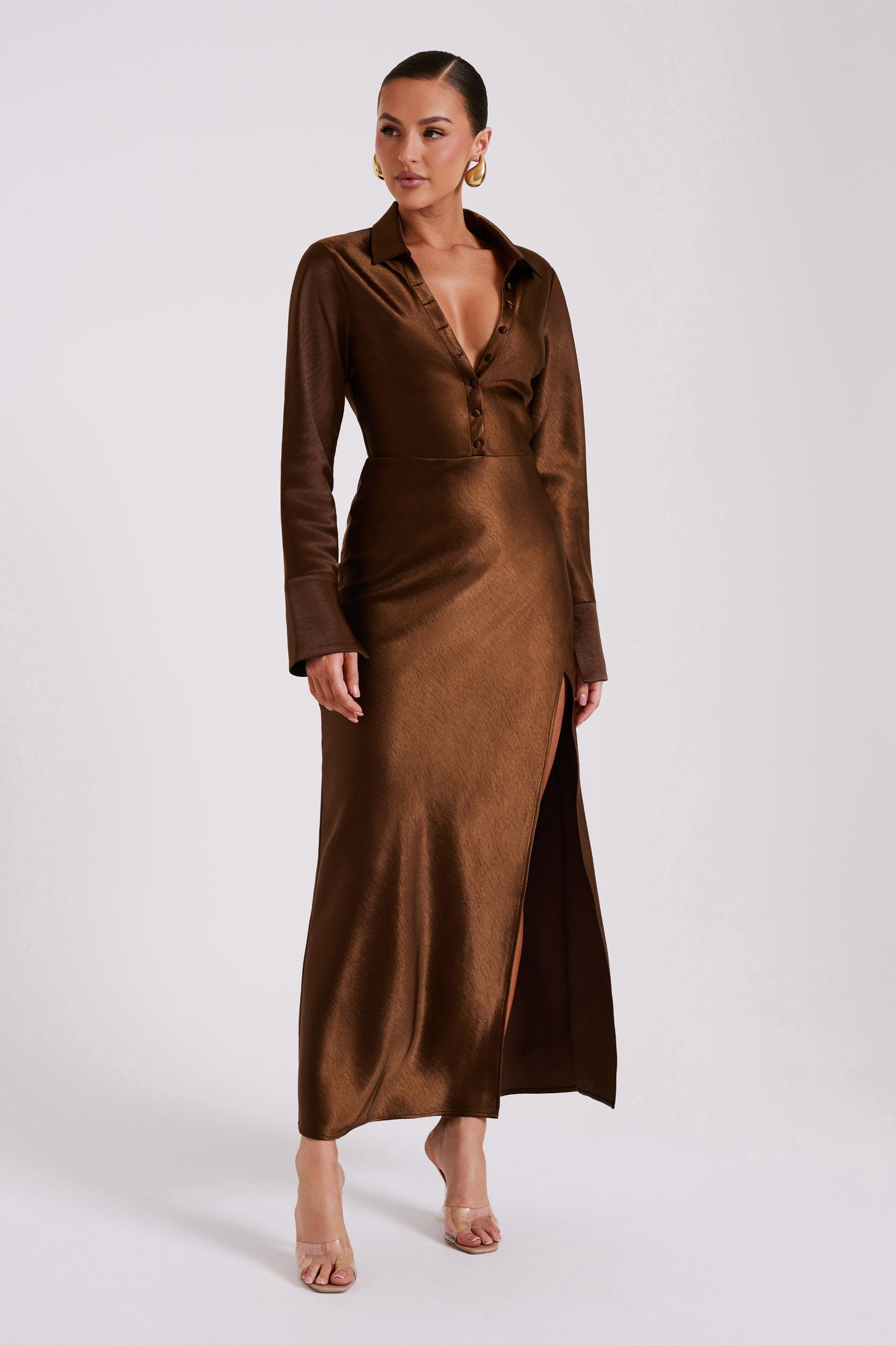 Whitley Satin Collared Maxi Dress - Dark Brown Product Image