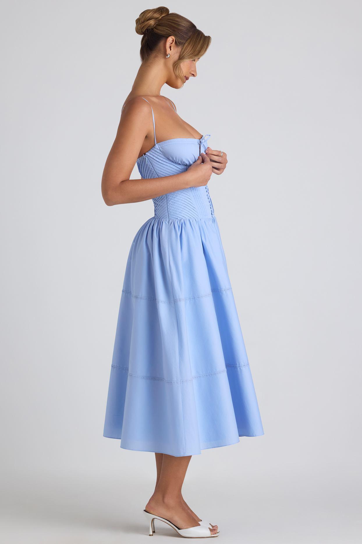 Lace-Trim Pintucked Poplin Midaxi Dress in Sky Blue Product Image