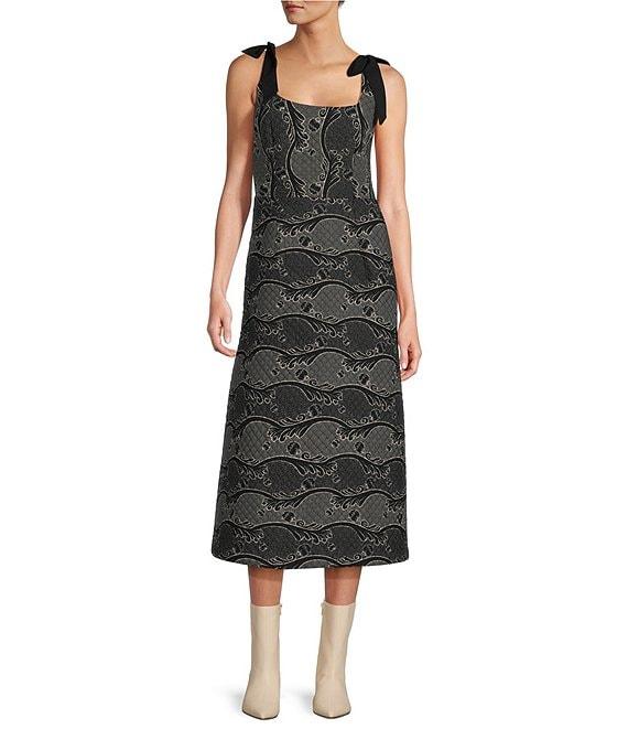 Antonio Melani x Jennifer Sumko Schwan Scroll Print Quilting Sqaure Neck Bow Tie Tank Straps A-Line Midi Dress Product Image