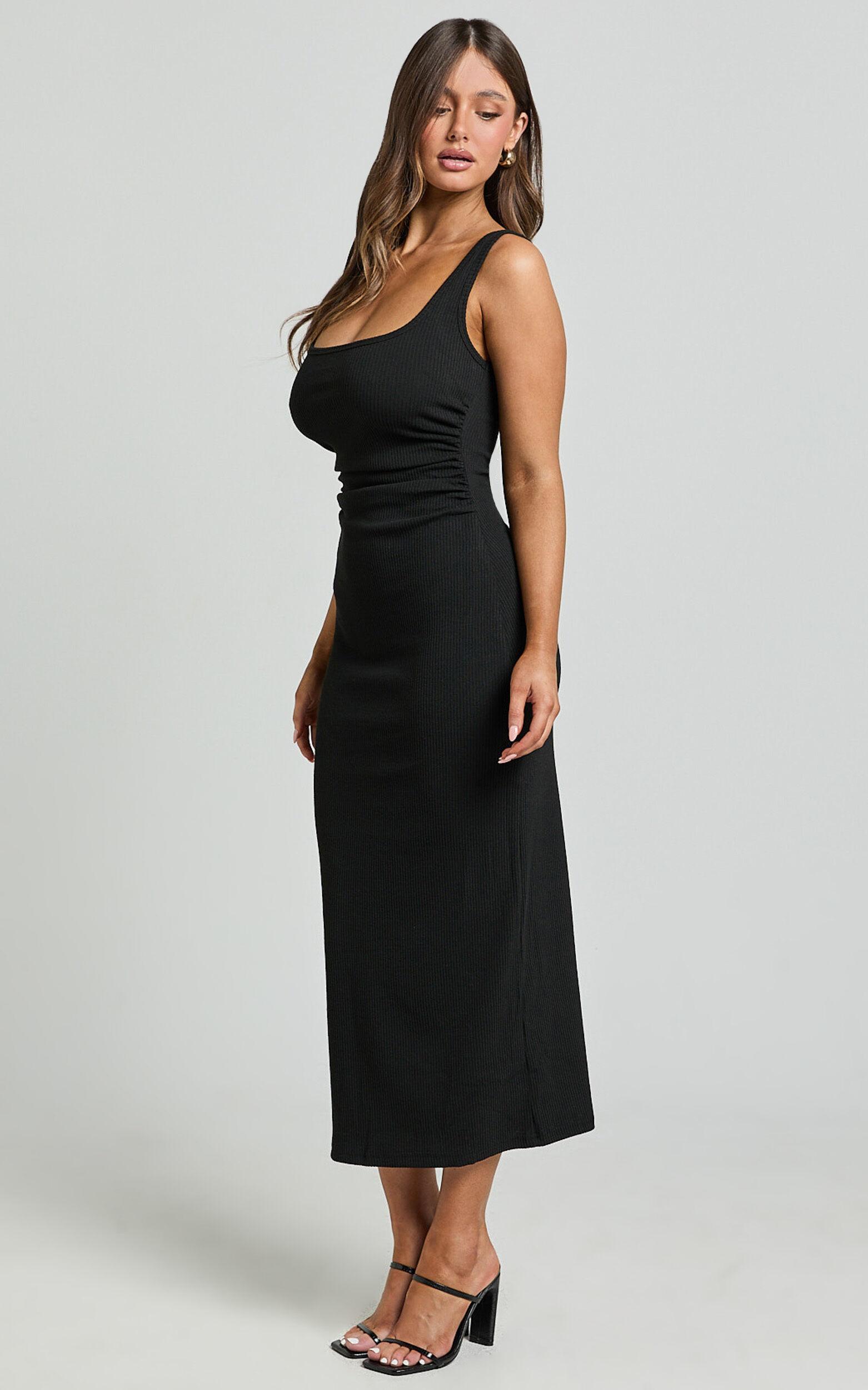 Sarina Midi Dress - Ribbed Scoop Neck Dress in Black Product Image