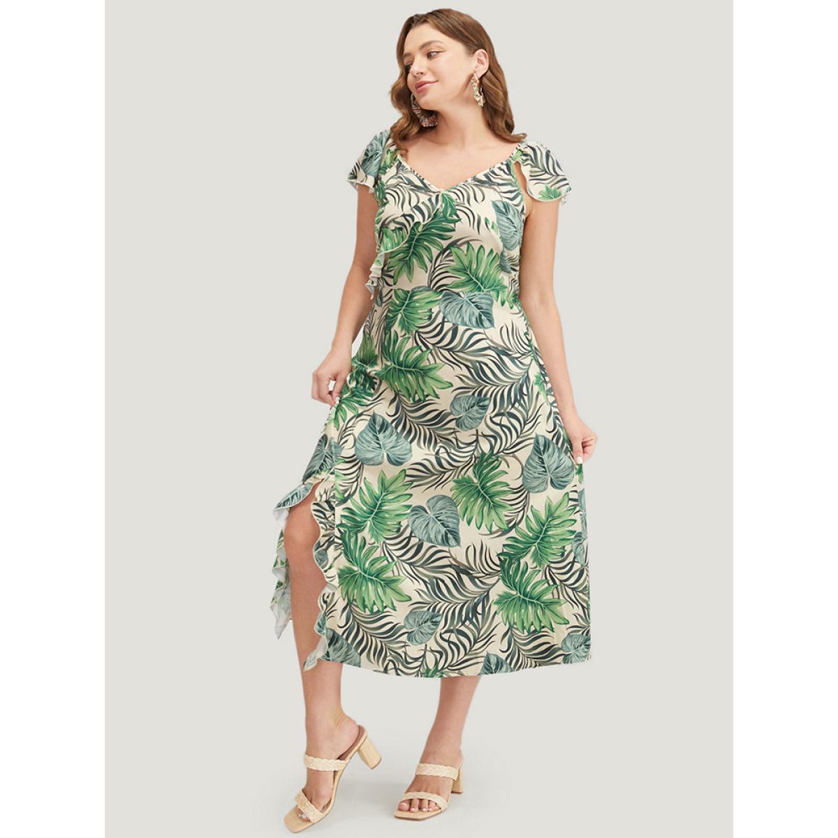 Plus Size Plant Print Cap Sleeve Pocket Ruffle Trim Split Hem Dress Multicolor Women Vacation Slit V-neck Cap Sleeve Curvy Midi Dress BloomChic 14-16/1X Product Image