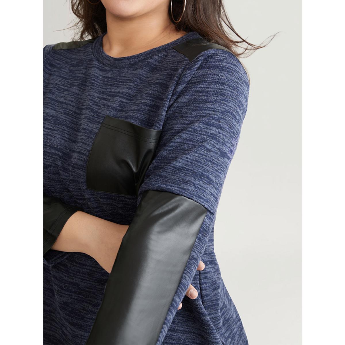 Plus Size Patchwork Heather Contrast Patched Pocket T-shirt Indigo Women Casual Contrast Plain Round Neck Dailywear T-shirts BloomChic 26/4X Product Image