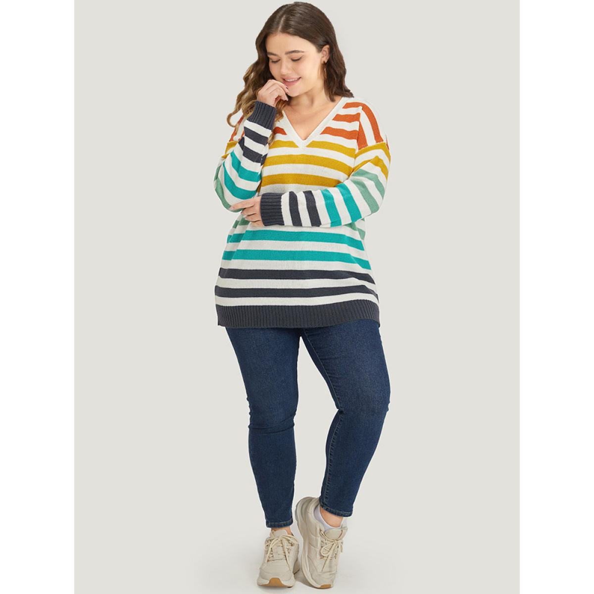 Plus Size Rainbow Print V Neck Elastic Cuffs Pullover Multicolor Women Casual Loose Long Sleeve V-neck Dailywear Pullovers BloomChic 12/L Product Image