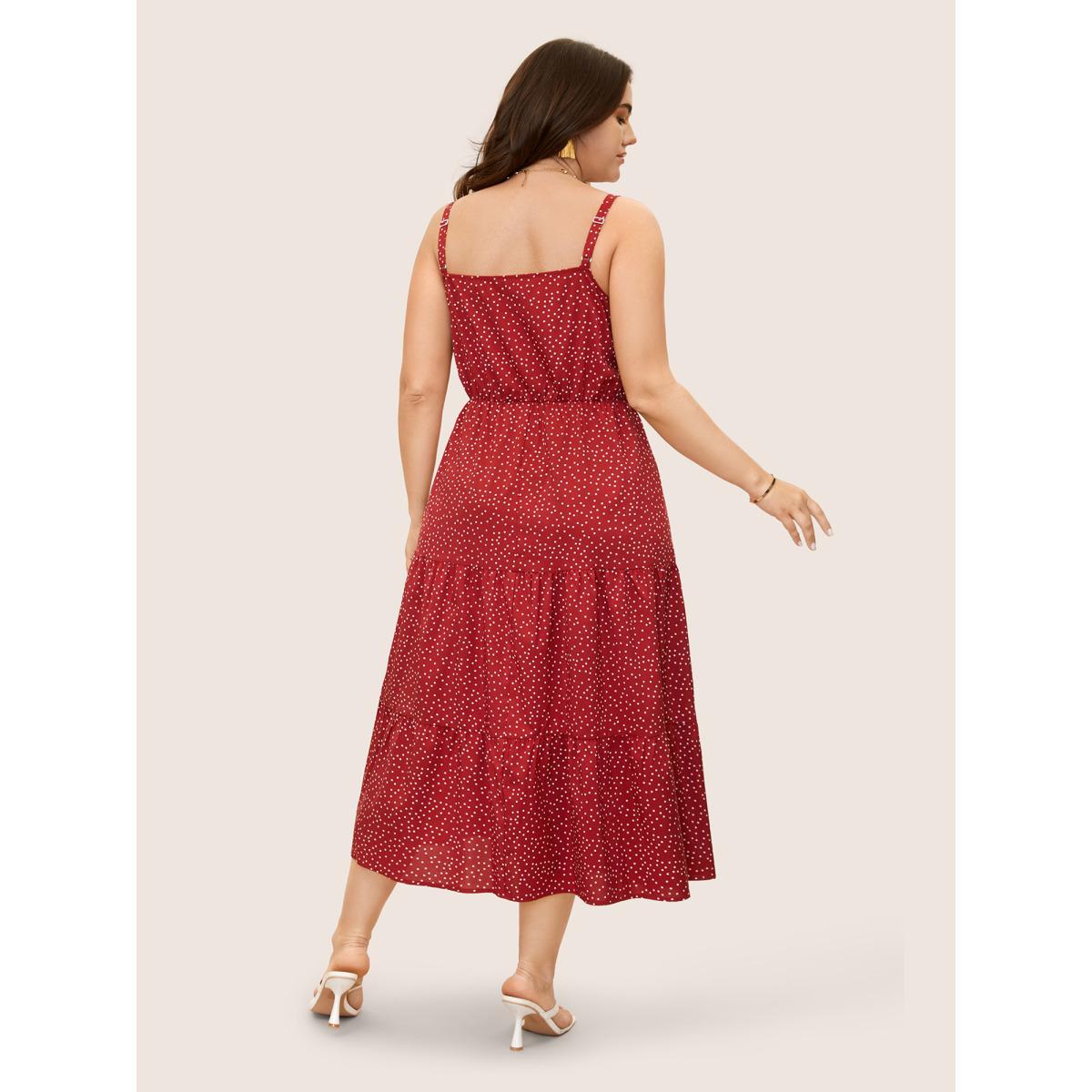 Plus Size Polka Dot Drawstring Ruffle Layered Hem Dress Brightred Women Elegant Tie knot Non Sleeveless Curvy BloomChic 18-20/2X Product Image