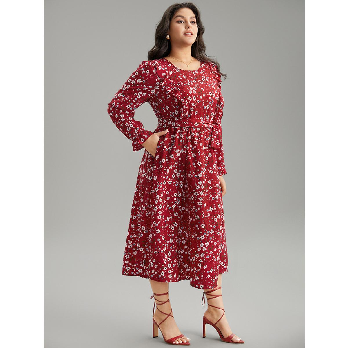 Plus Size Ditsy Floral Belted Ruffle Sleeve Dress Scarlet Women Elegant Belted Round Neck Long Sleeve Curvy Midi Dress BloomChic 28/5X Product Image