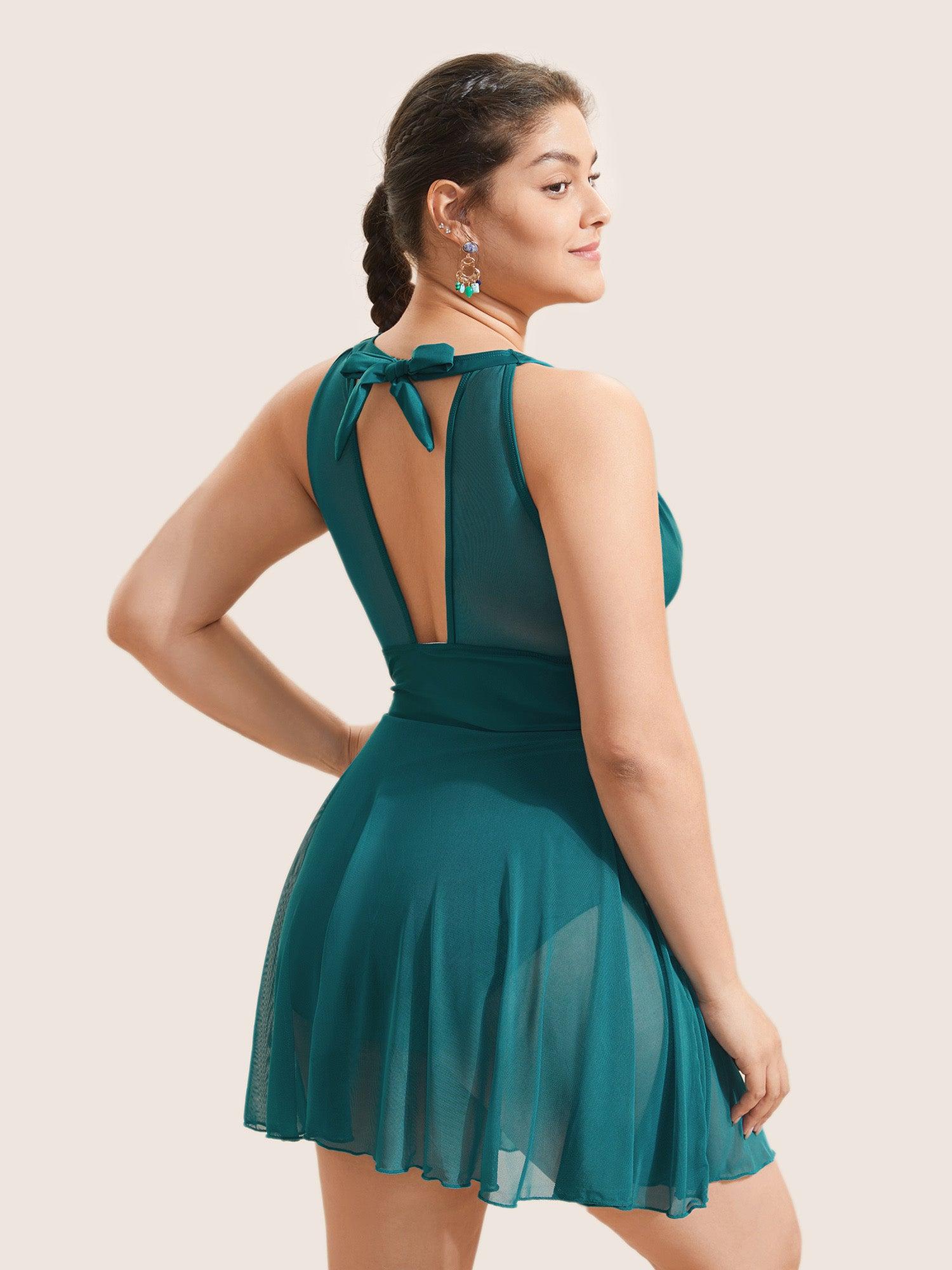 Knotted Back Mesh Insert Halter Swim Dress Female Product Image