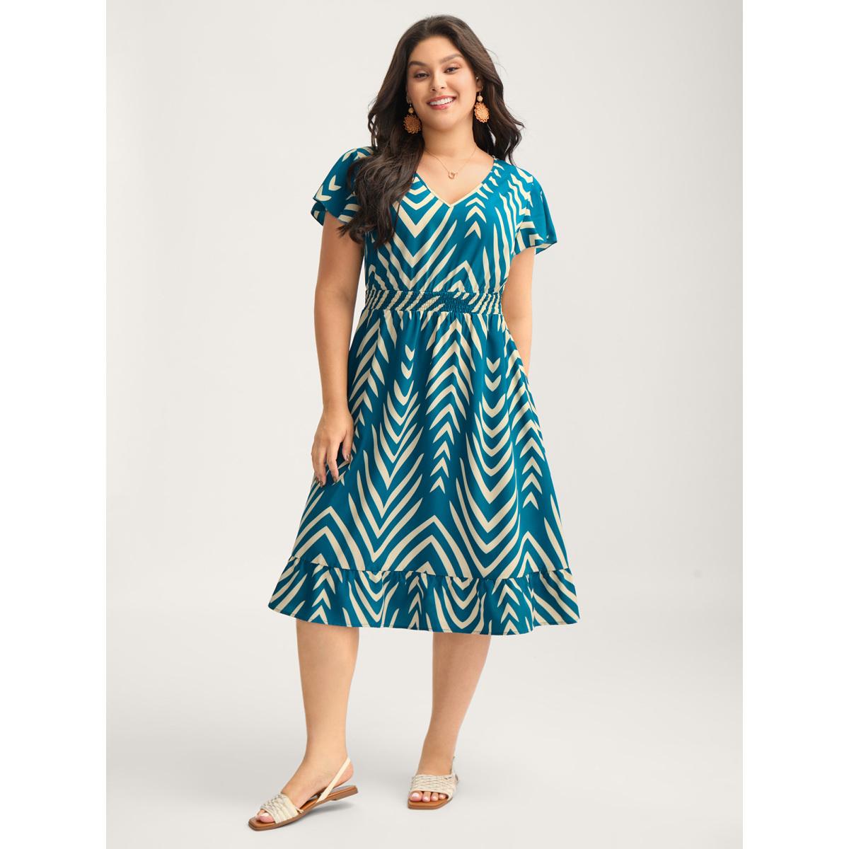 Plus Size Geometric Print Cinched-Waist Midi Dress Aegean Women Contrast V-neck Cap Sleeve Curvy BloomChic 26/4X Product Image