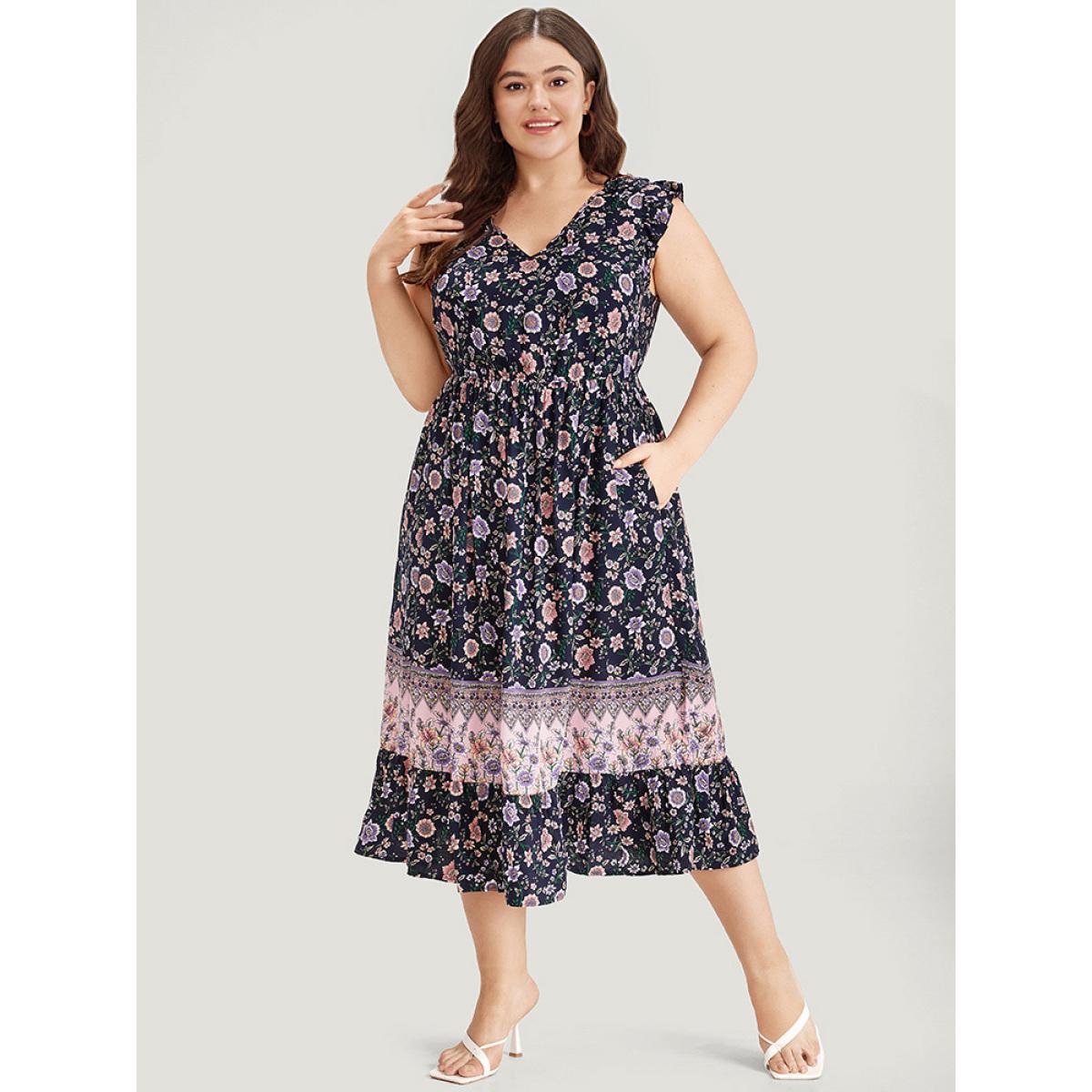 Plus Size Bandana Print Contrast Ruffle Cap Sleeve Pocket Dress Indigo Women Elegant Gathered V-neck Sleeveless Curvy Midi Dress BloomChic 10/M Product Image
