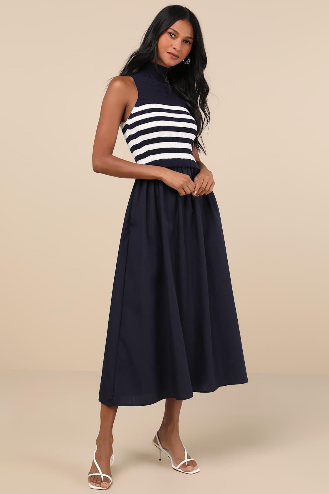 Confident Cues Navy Striped Mixed Media Midi Dress Product Image