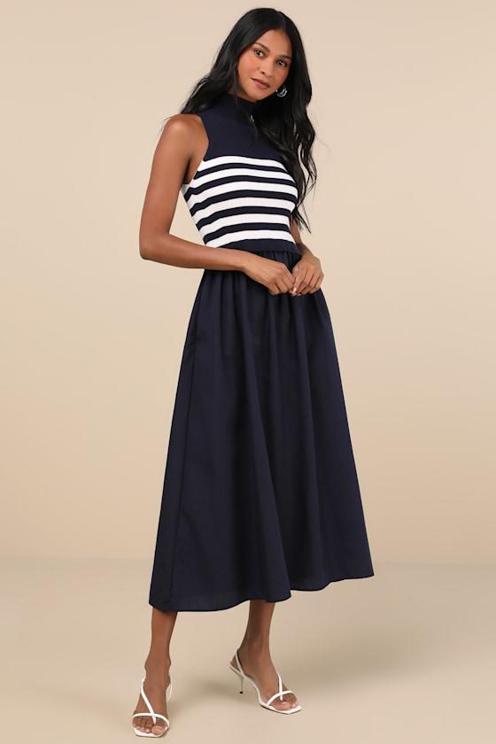 Confident Cues Navy Striped Mixed Media Midi Dress Product Image