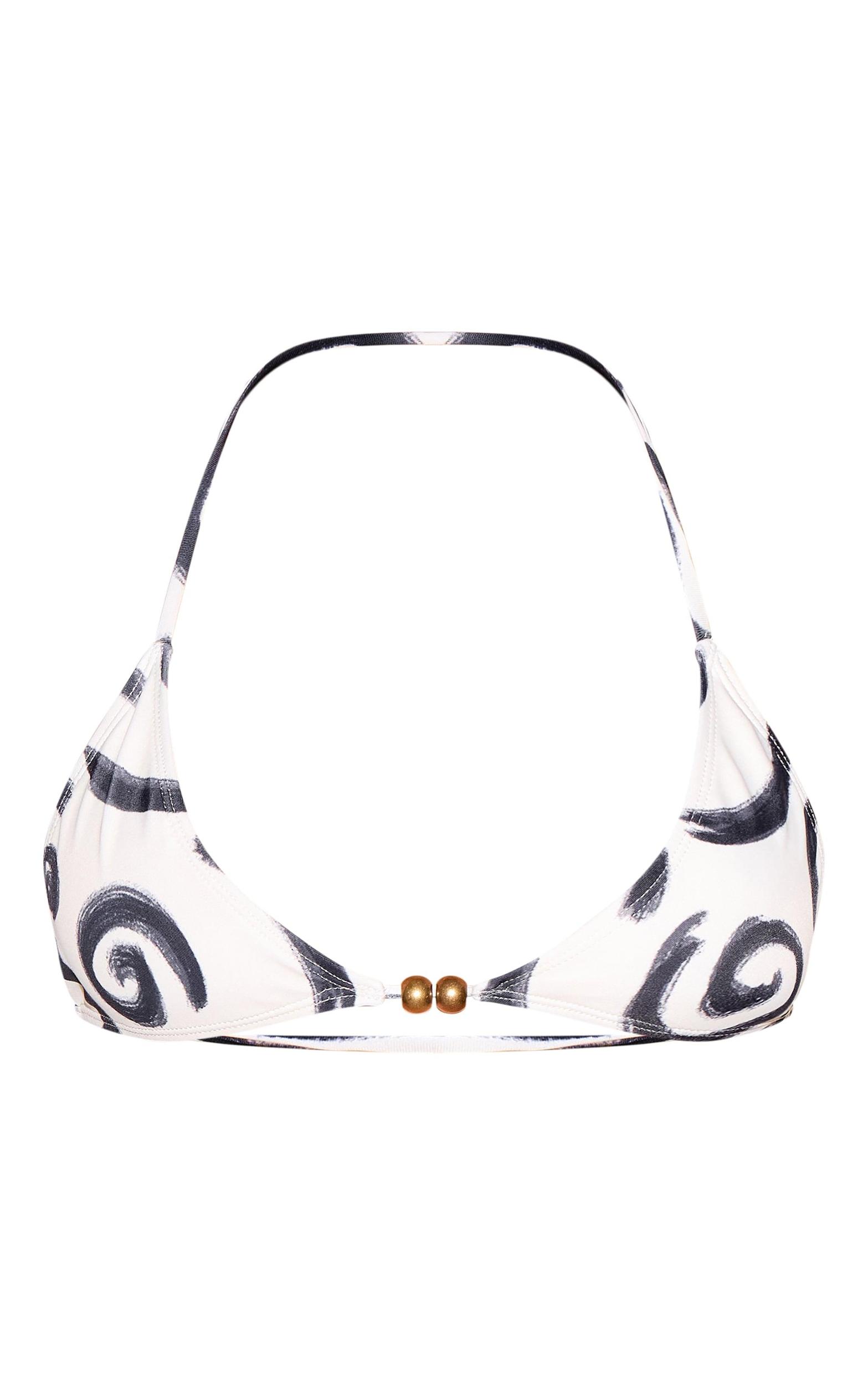 Monochrome Swirl Print Triangle Bead Detail Bikini Top Product Image