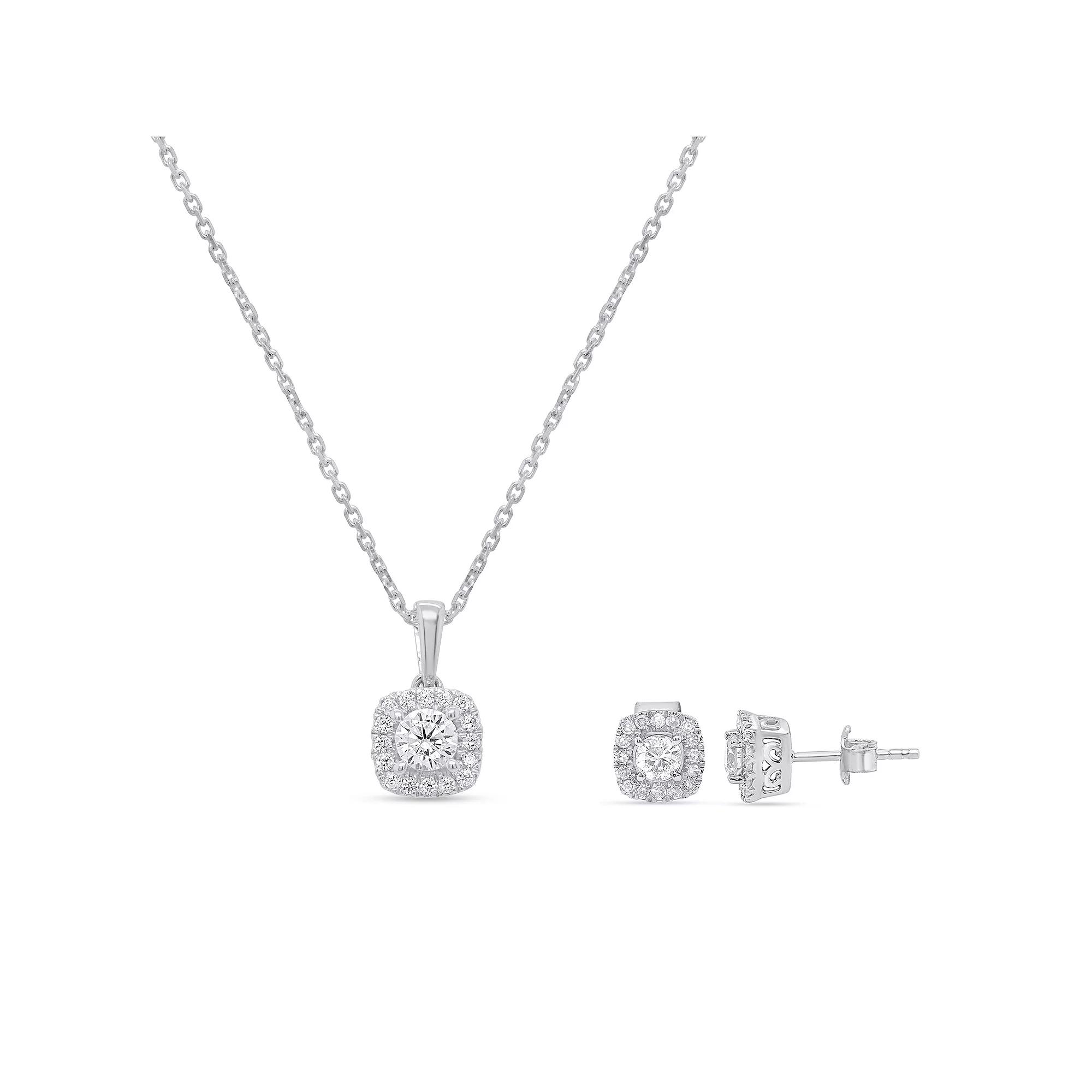Ethique 1 Carat T.W. Lab-Grown Diamond Halo Pendant Necklace & Cushion-Shaped Stud Earring Set, Women's, Size: 18", Sterling Silver Product Image