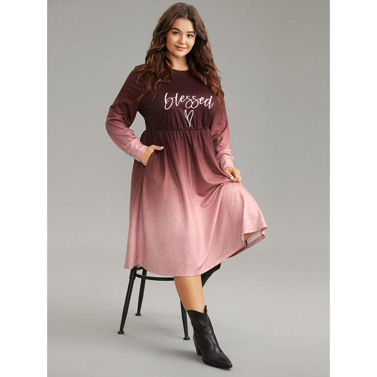 Plus Size Letter Tie Dye Gathered Elastic Waist Dress Scarlet Women Casual Gathered Round Neck Long Sleeve Curvy Midi Dress BloomChic 12/L Product Image