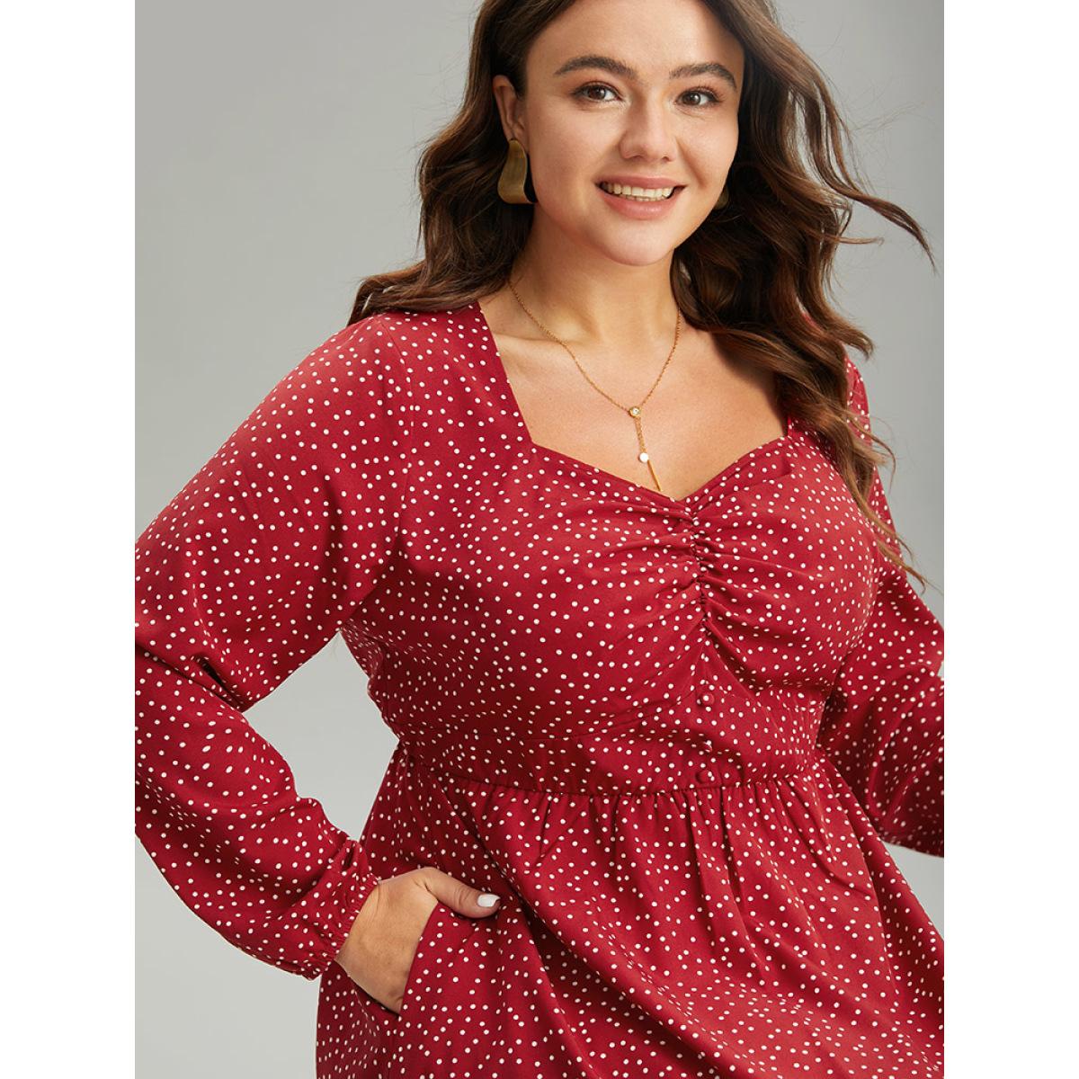 Plus Size Polka Dot Ruched Overlap Collar Pocket Dress Raspberry Women Elegant Elastic cuffs Square Neck Long Sleeve Curvy Midi Dress BloomChic 12/L Product Image