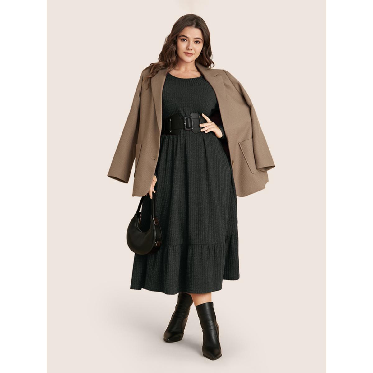 Plus Size Solid Pocket Rib Knit Ruffle Hem Dress Without Belt Aegean Women Leisure Non Round Neck Long Sleeve Curvy Midi Dress BloomChic 12/L Product Image