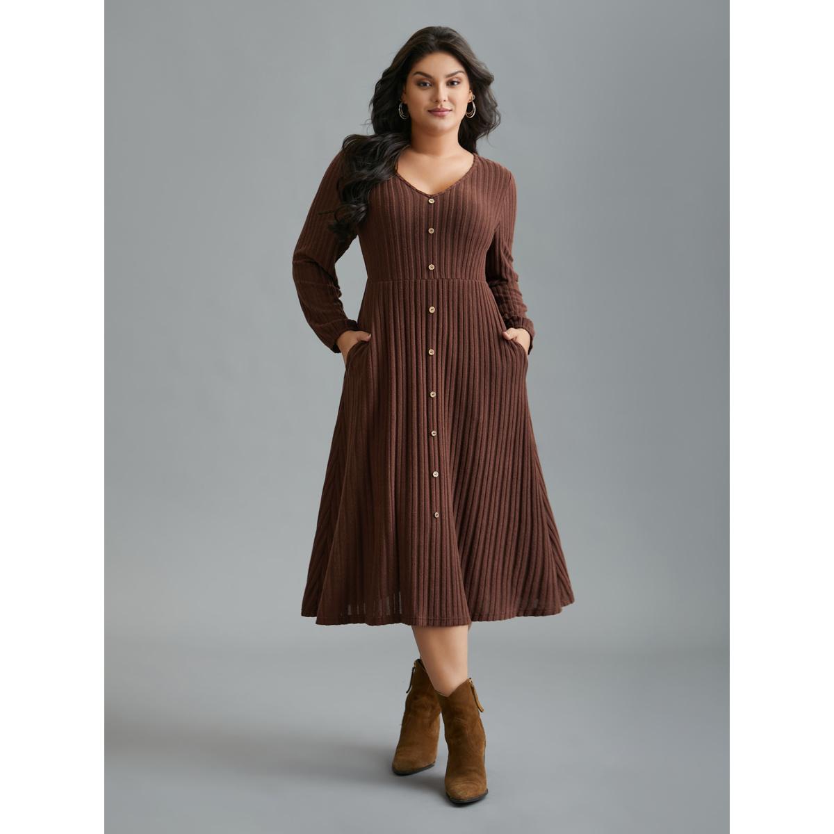 Plus Size Stretchy Waist Defining Knit Midi Dress Rust Women Casual Texture Knit Dresses Bloomchic 18-20/2X Product Image