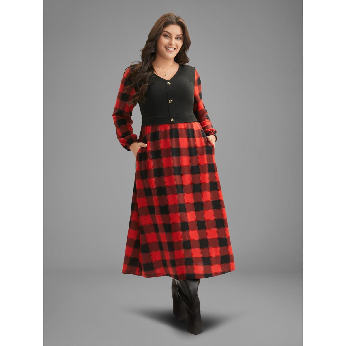 Plus Size Vest Design Fit-and-Flare Midi Dress Crimson Women Elegant Patchwork Party Curvy Bloomchic 18-20/2X Product Image