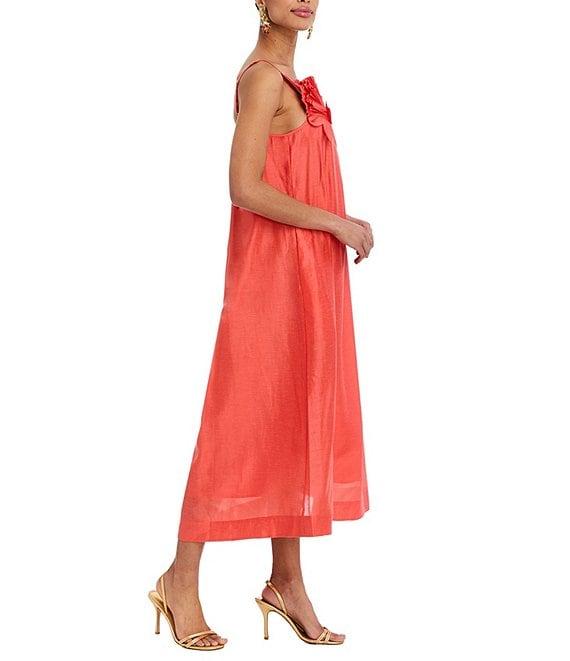 Mestiza New York Solenn Linen Blend Organza Square Neck Sleeveless Floral Applique Midi Dress Product Image