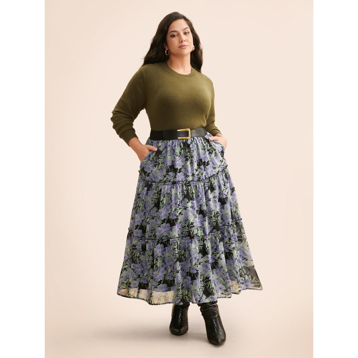 Plus Size Floral Ruffle Layered Hem Skirt Women BlackFlower Elegant No stretch Slanted pocket Everyday Skirts BloomChic 12/L Product Image