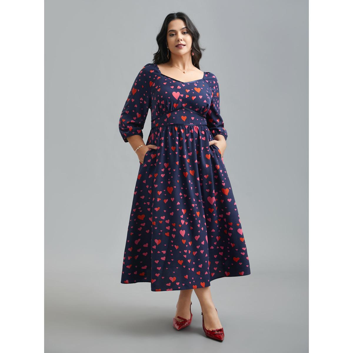 Plus Size Hearts Print Contrast Webbing Pocket Dress Navy Women Elegant Woven ribbon&lace trim Heart neckline Elbow-length sleeve Curvy BloomChic 22-24/3X Product Image
