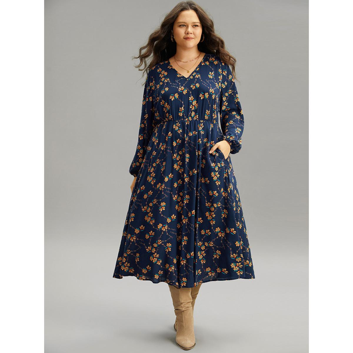 Plus Size Floral Print Elastic Waist Lantern Sleeve Dress DarkBlue Women Elegant Elastic cuffs V-neck Long Sleeve Curvy Midi Dress BloomChic 26/4X Product Image