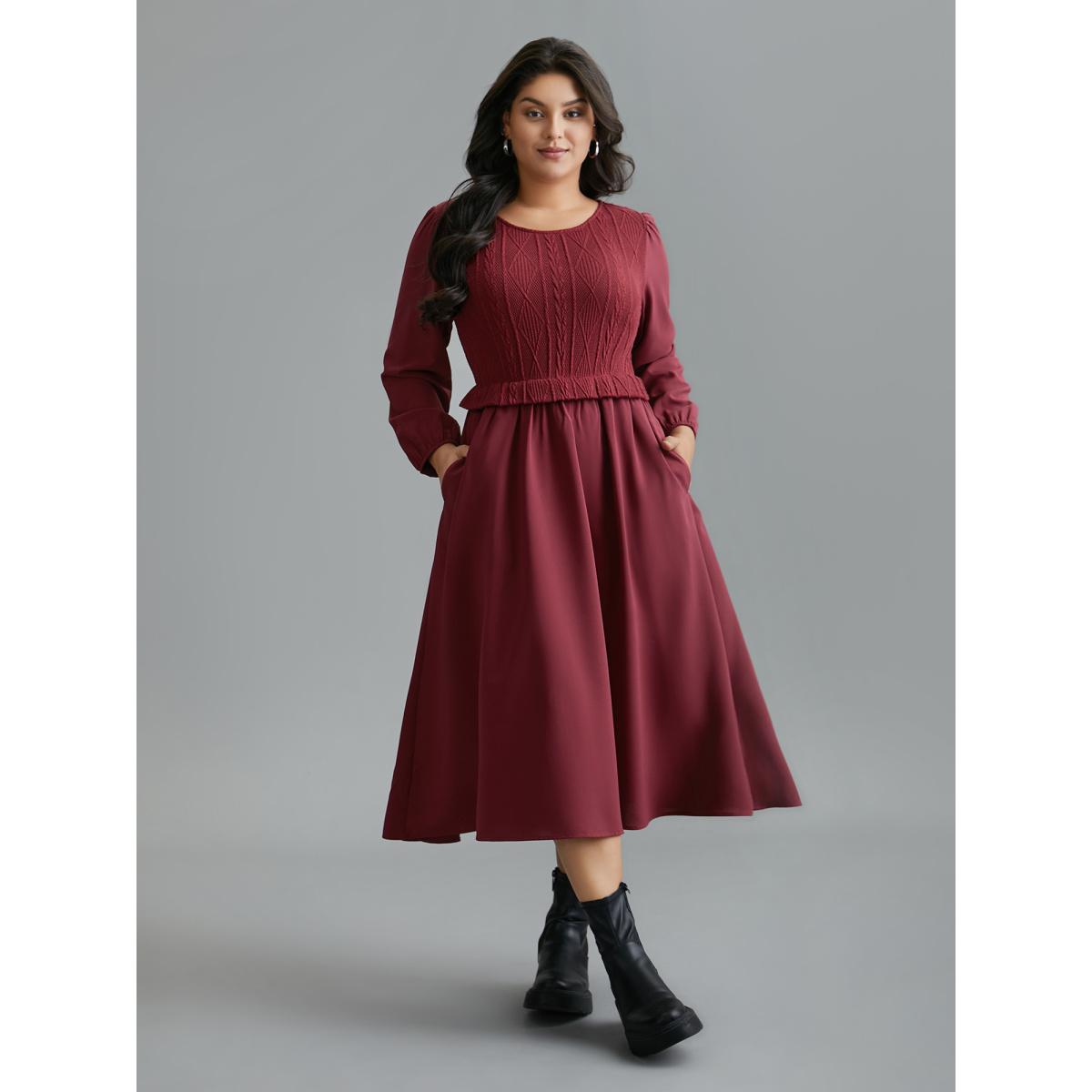 Plus Size Solid Cable Knit Lantern Sleeve Dress Burgundy Women Casual Texture Round Neck Long Sleeve Curvy BloomChic 28/5X Product Image
