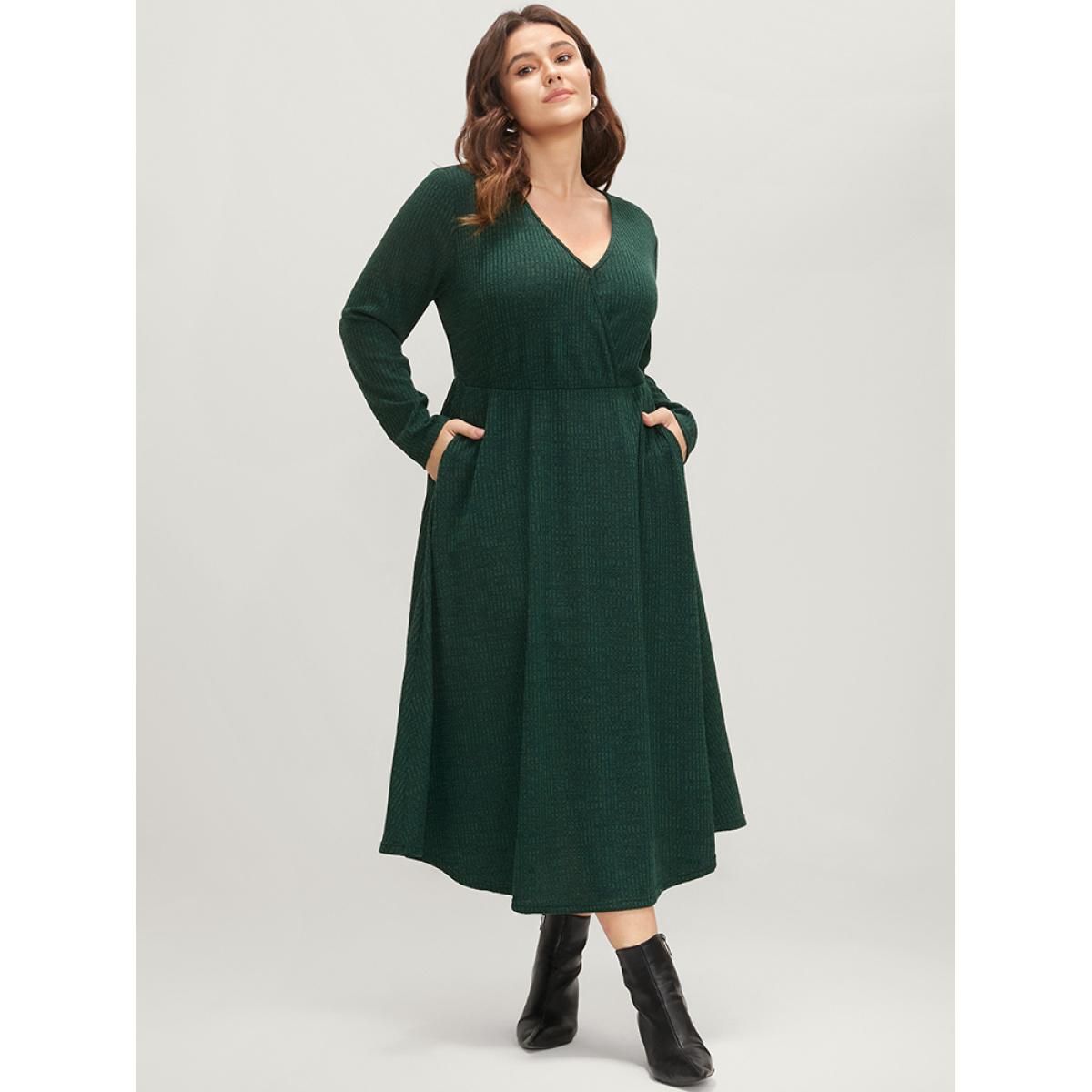 Plus Size Solid Pocket Surplice Neck Rib Knit Marled Dress DarkGreen Women Elegant V-neck Long Sleeve Curvy Midi Dress BloomChic 28/5X Product Image