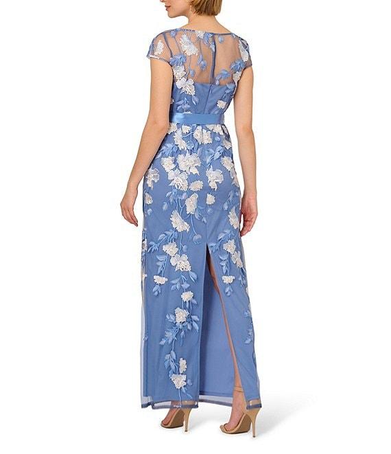 Adrianna Papell Cascading Floral Embroidery Illusion Boat Neck Short Sleeve Gown Product Image