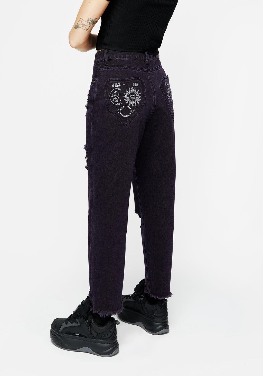 Planchette Embroidered Distressed Denim Mom Jeans Product Image