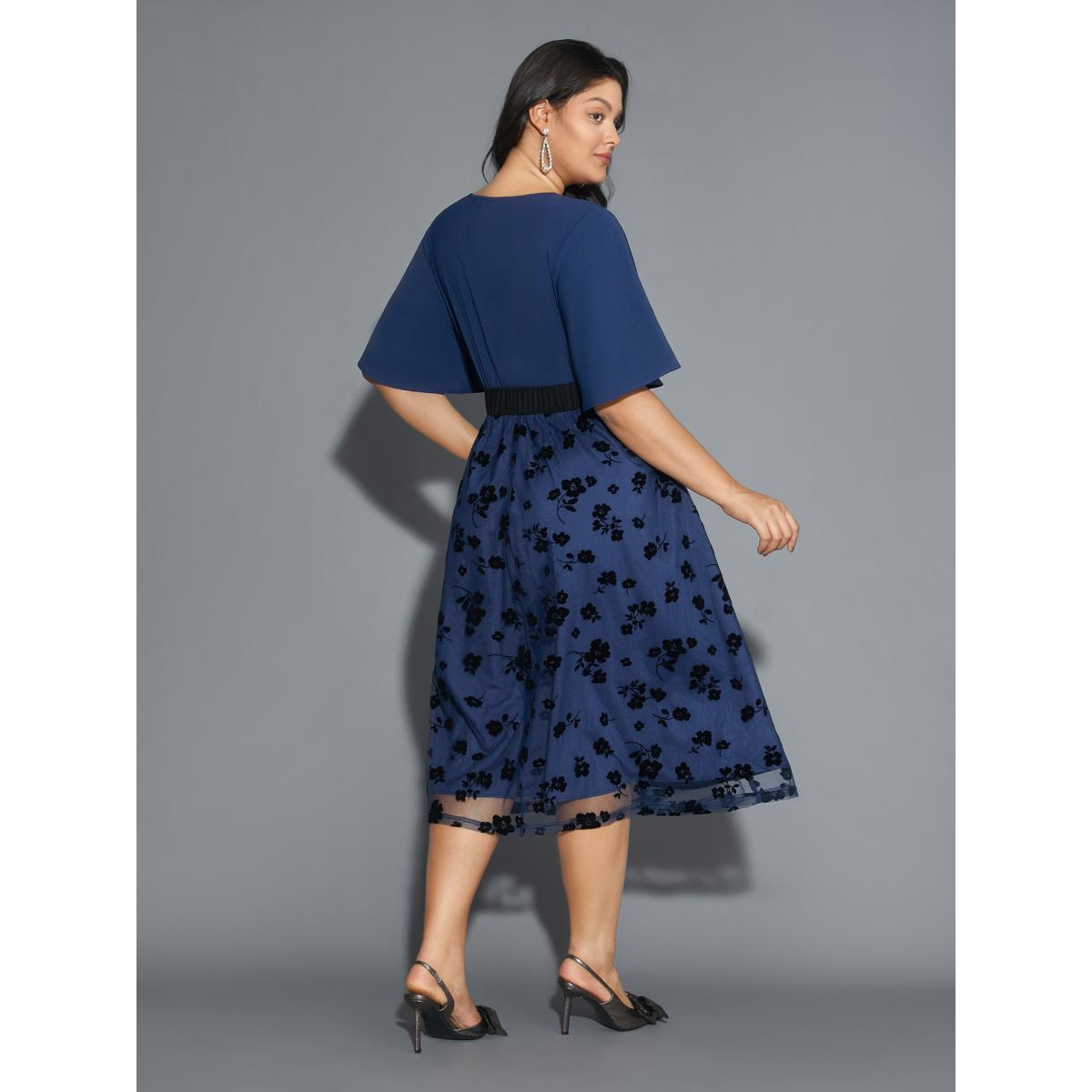 Plus Size Floral Embroidered Mesh keyhole Dress Aegean Women Formal Texture Round Neck Half Sleeve Curvy BloomChic 28/5X Product Image