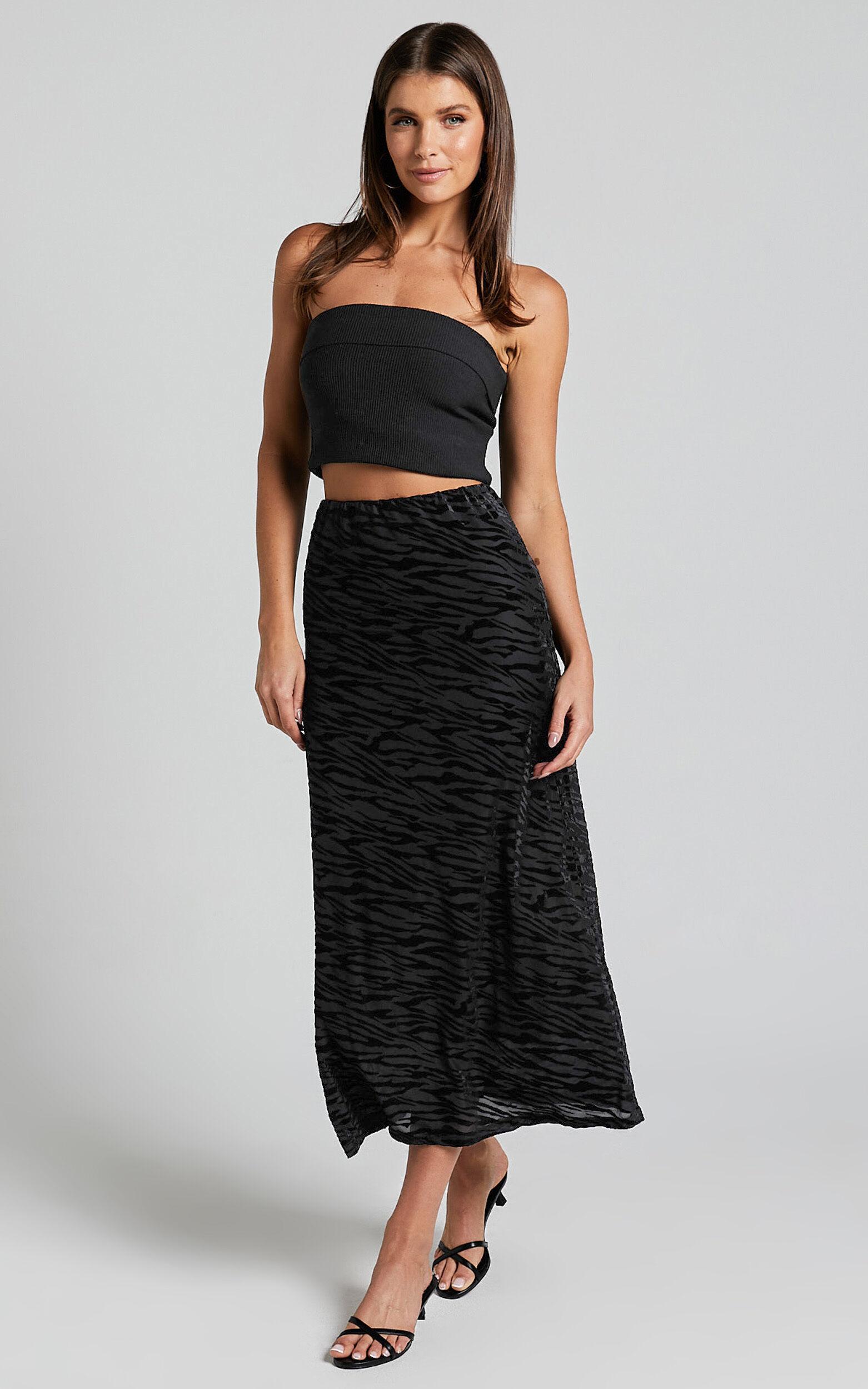 Frankie Midi Skirt - Burn Out Velvet High Waisted Slip Skirt in Black Product Image