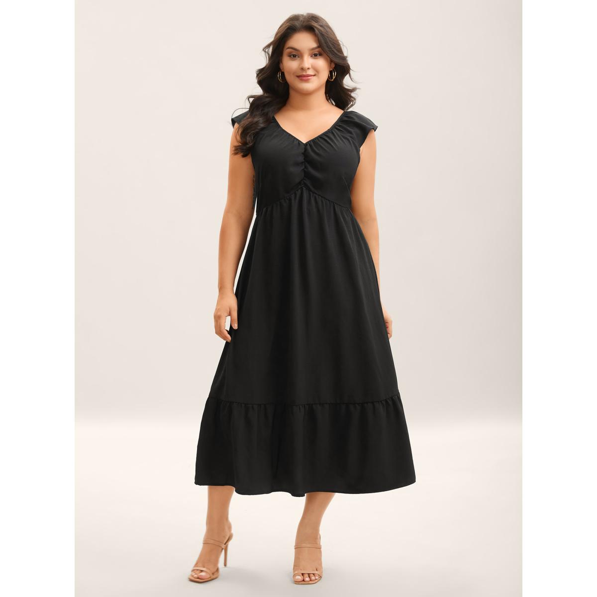 Plus Size Ruched Pleated Plain Flutter Sleeve Maxi Dress Black Women V-neck Sleeveless Curvy BloomChic 12/L Product Image