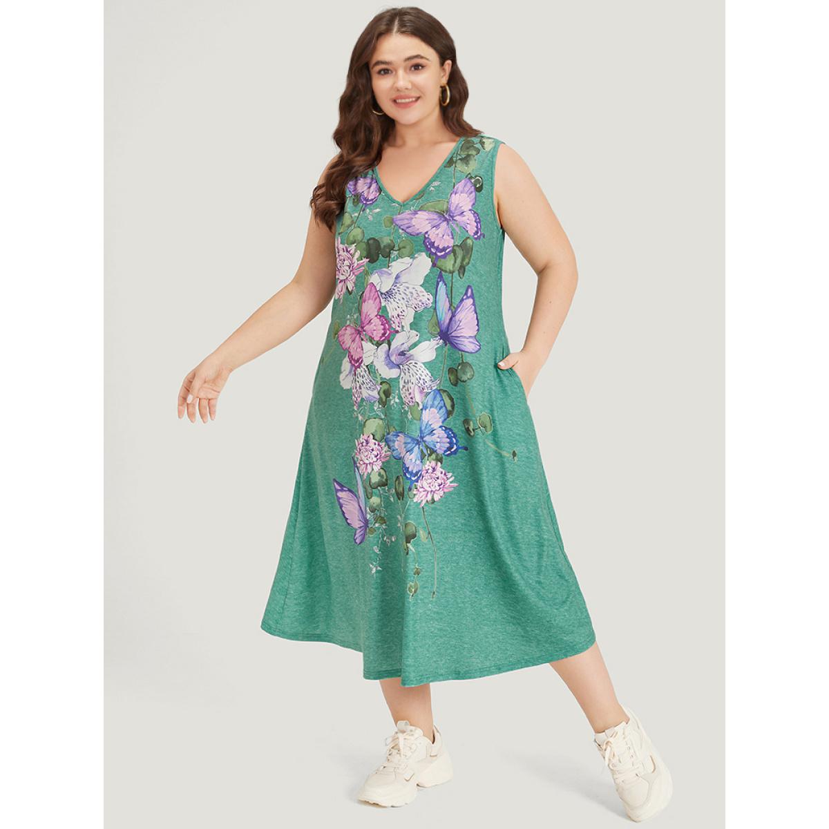 Plus Size Floral & Butterfly Print V Neck Pocket Tank Dress Mint Women Casual Printed V-neck Sleeveless Curvy Midi Dress BloomChic 14-16/1X Product Image