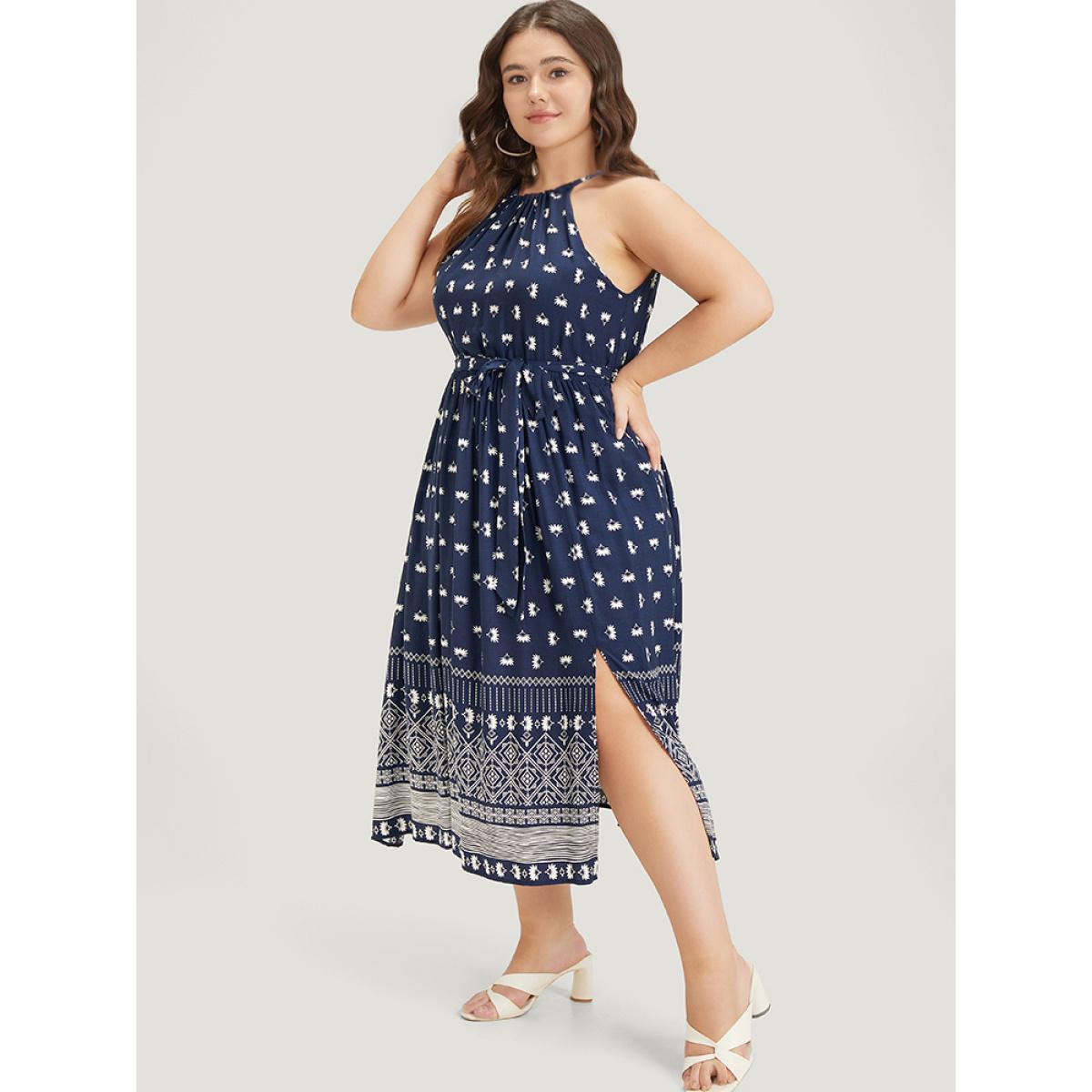 Plus Size Boho Print Knot Halter Pocket Belted Split Dress Indigo Women Vacation Gathered Halter neck Sleeveless Curvy Midi Dress BloomChic 28/5X Product Image