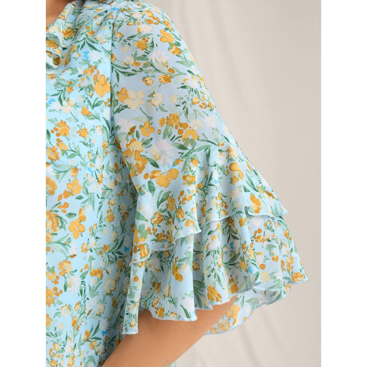 Plus Size LightBlue Floral Print Ruffled Layered Sleeve Blouse Women Romantic Short sleeve V-neck Elegant Blouses BloomChic 10/M Product Image