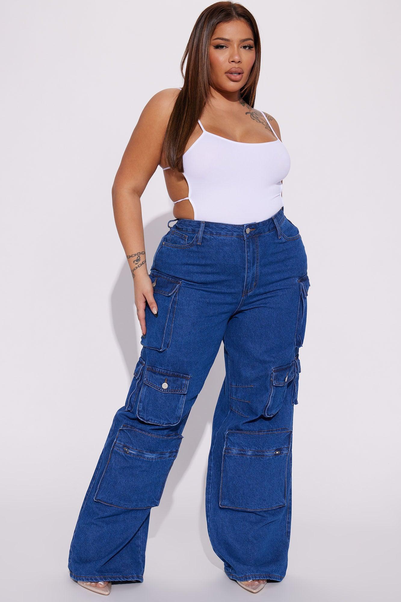 Lily High Rise Cargo Jeans - Medium Blue Wash Product Image