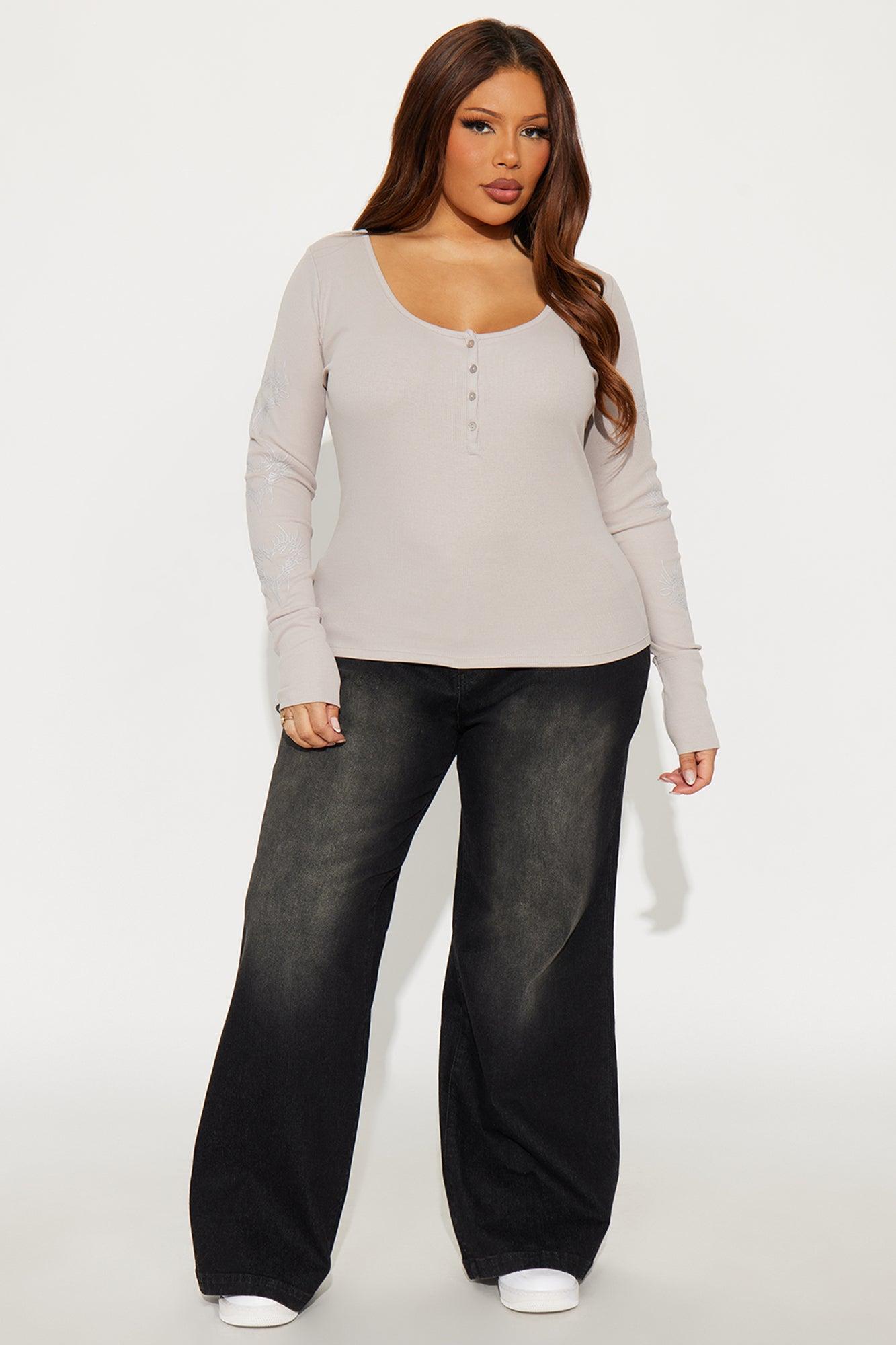 Edgy Vibe Ribbed HenleyTop - Light Grey Female Product Image