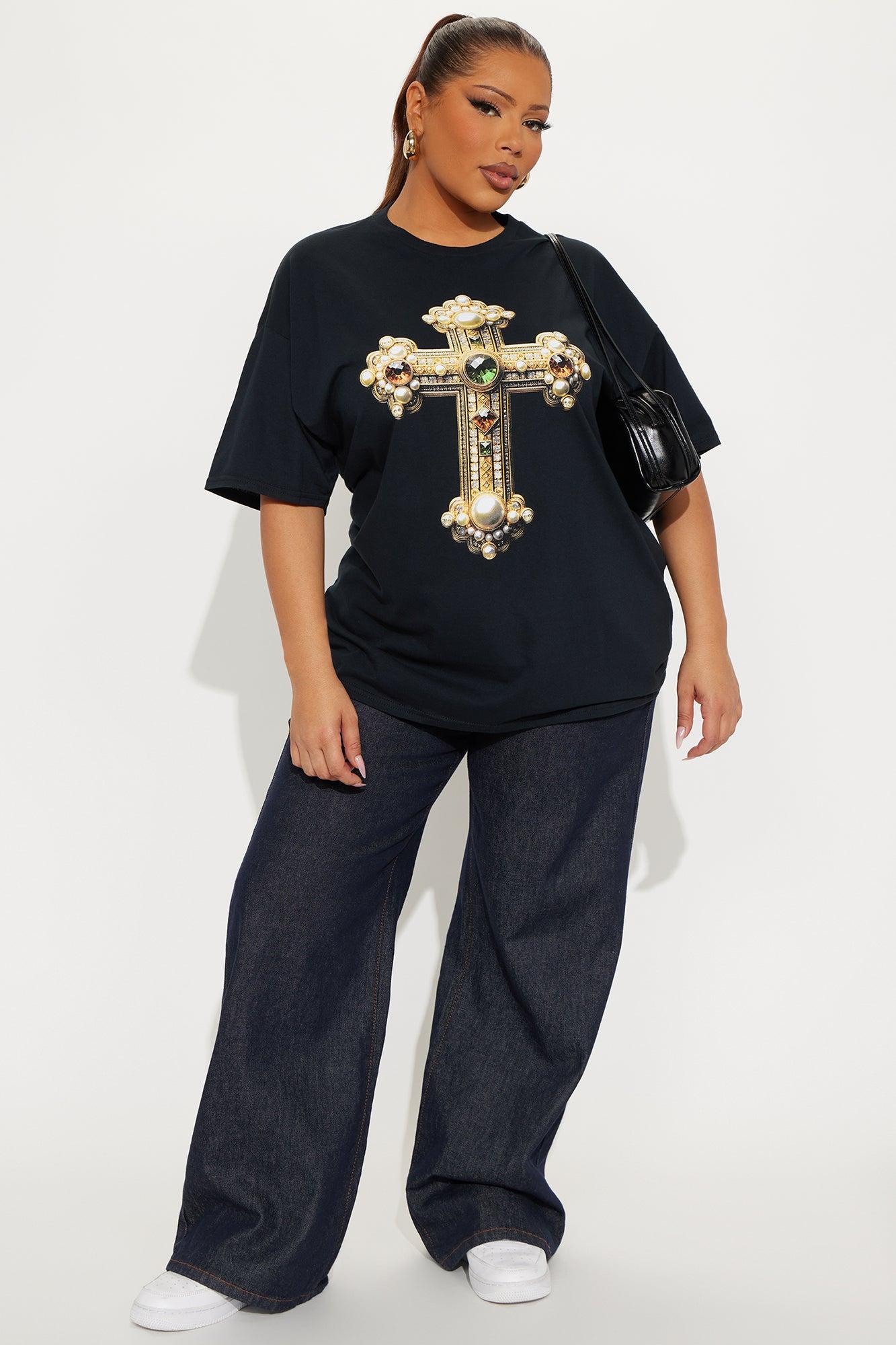 Jeweled Cross Oversized Tee - Black Female Product Image