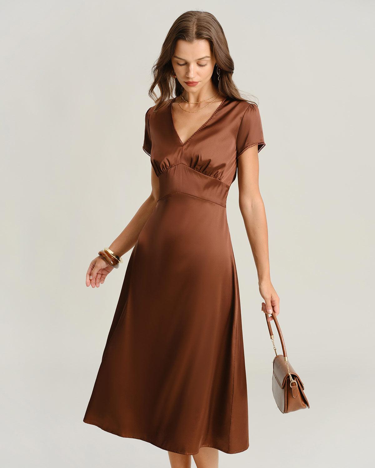 Brown V Neck Cap Sleeve Midi Dress Product Image