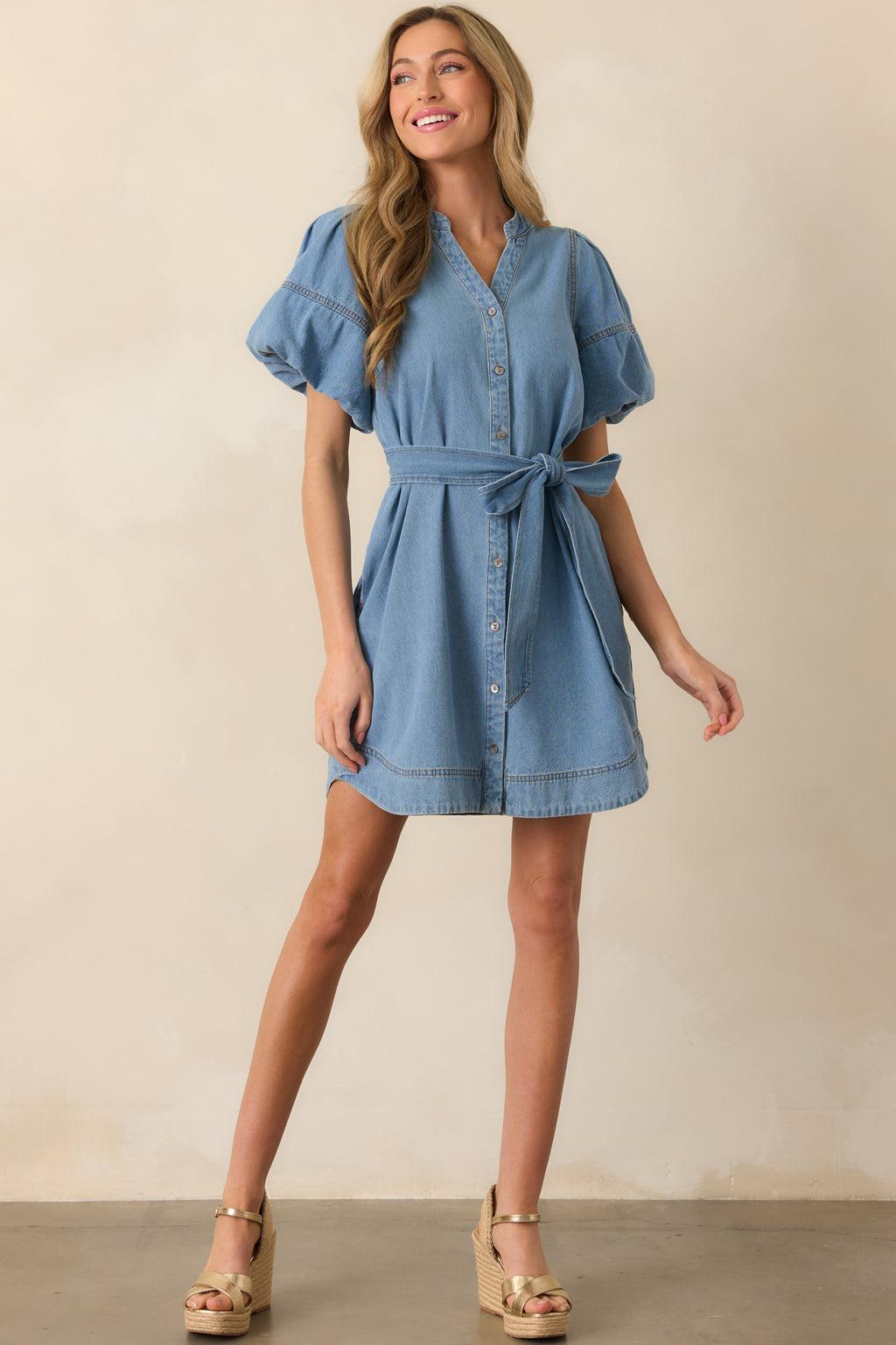 Rooftop Soiree Light Wash Denim Button Front Mini Dress Product Image