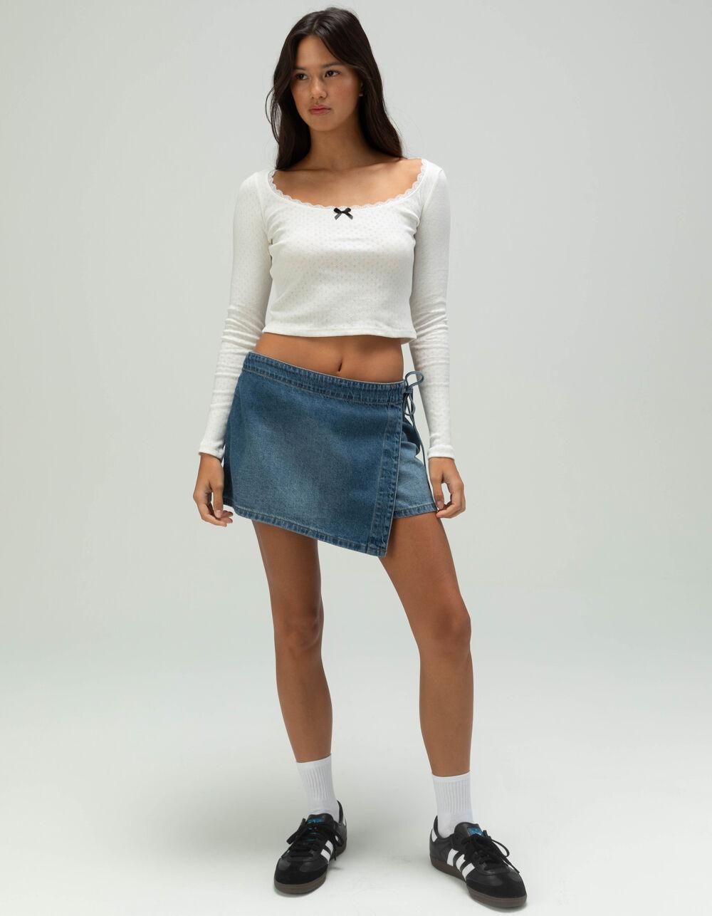 RSQ Womens Pointelle Bow Long Sleeve Top - WHITE Product Image