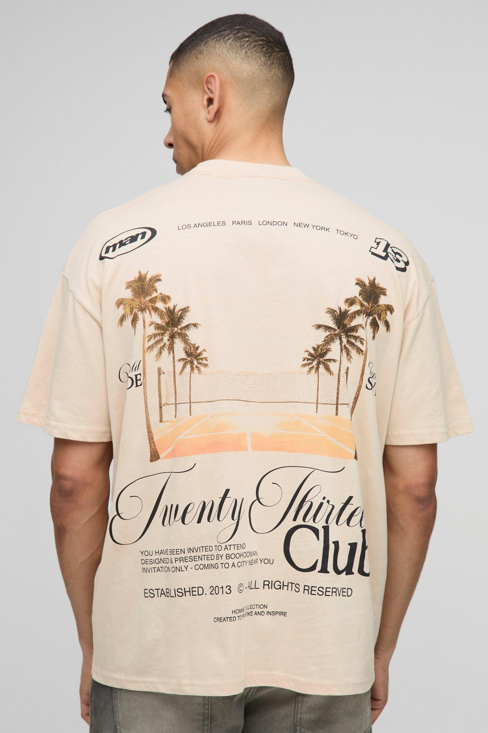 Oversized Extended Neck Tennis Court Palm T-Shirt | boohooMAN USA Product Image